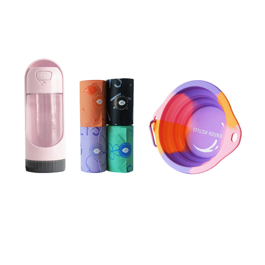 Water Bottle with Slidable Bowl + Poop Bag + Collapsible Bowl