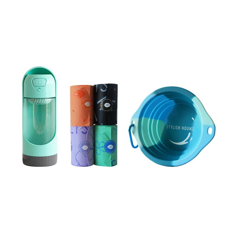 Water Bottle with Slidable Bowl + Poop Bag + Collapsible Bowl