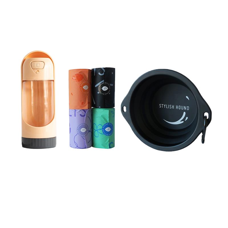 Water Bottle with Slidable Bowl + Poop Bag + Collapsible Bowl