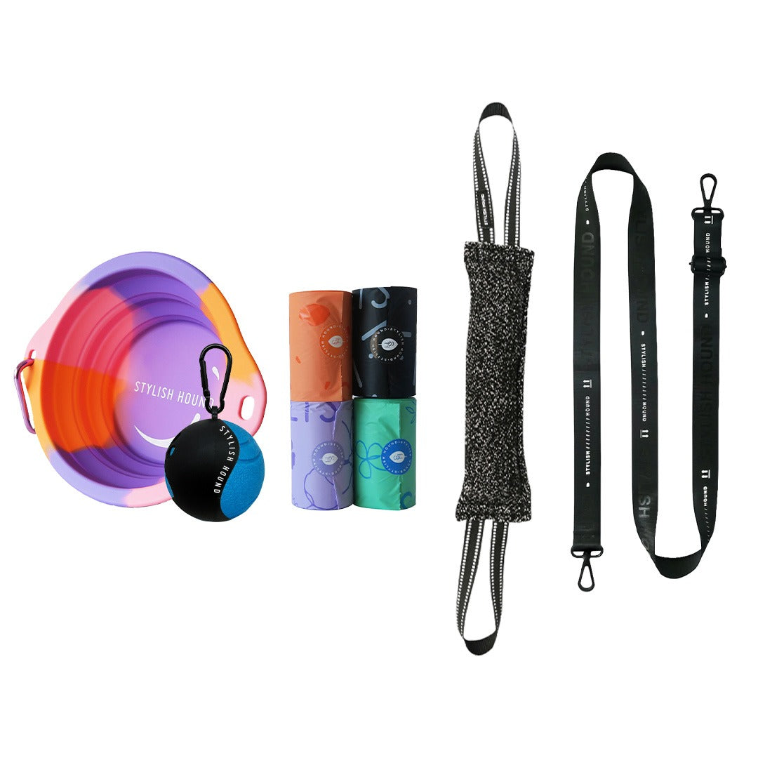 Collapsible Water Bowl + Duo Tug + Ball Holder + Tough Ball + Longer Strap + Poop Bag